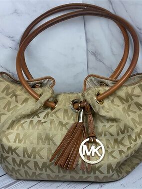 Vintage Michael Kors Beige MK Jacquard Shoulder Bag with Brown Leather Trim
